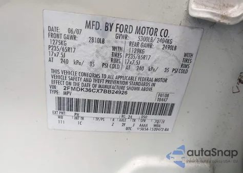 2007 Ford Edge Se из США, поврежденный, VIN 2FMDK36CX7BB24926